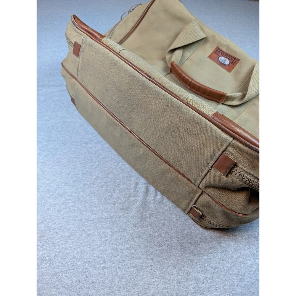 Vintage Lands' End Canvas Leather Trim Garment Bag Suiter Carry On Khaki Tan USA